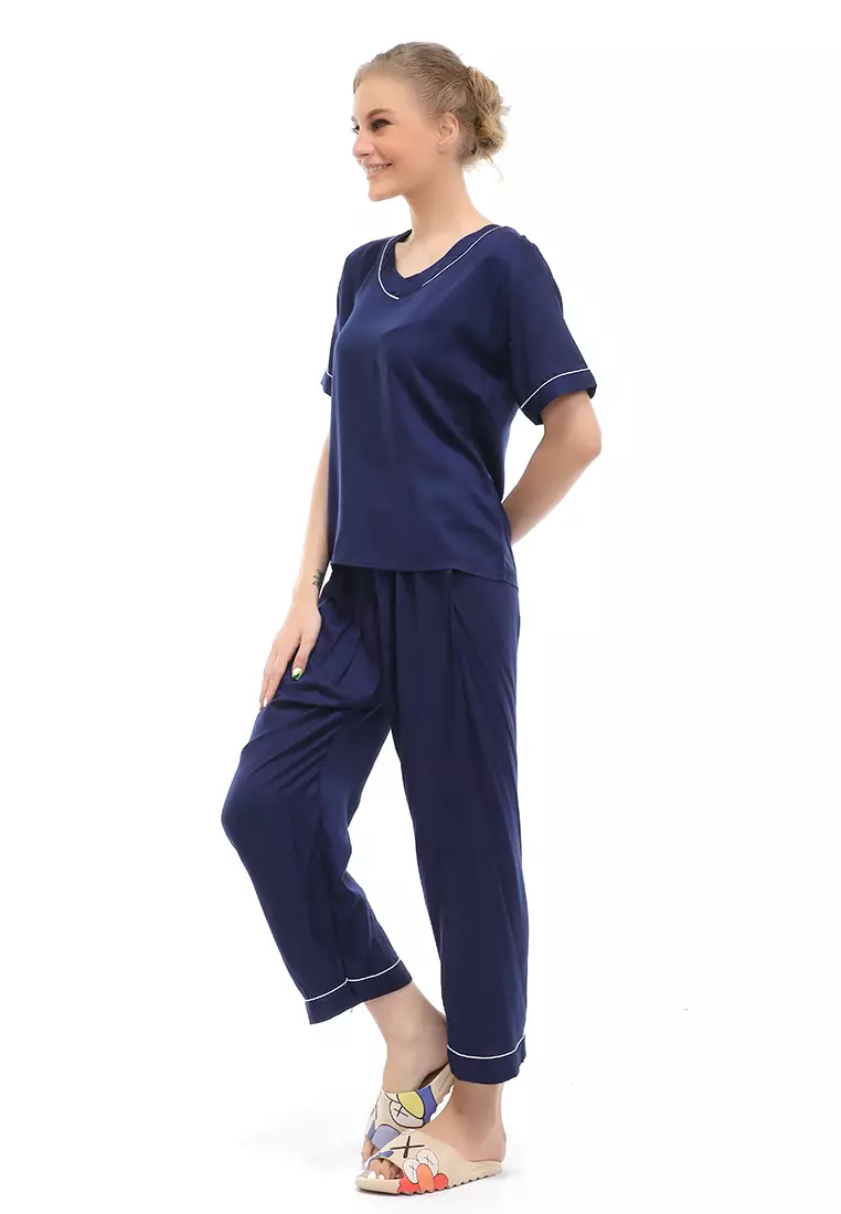 Vance Piyama Setelan Baju Tidur Wanita Lengan Pendek Material Rayon ORIGINAL - Navy