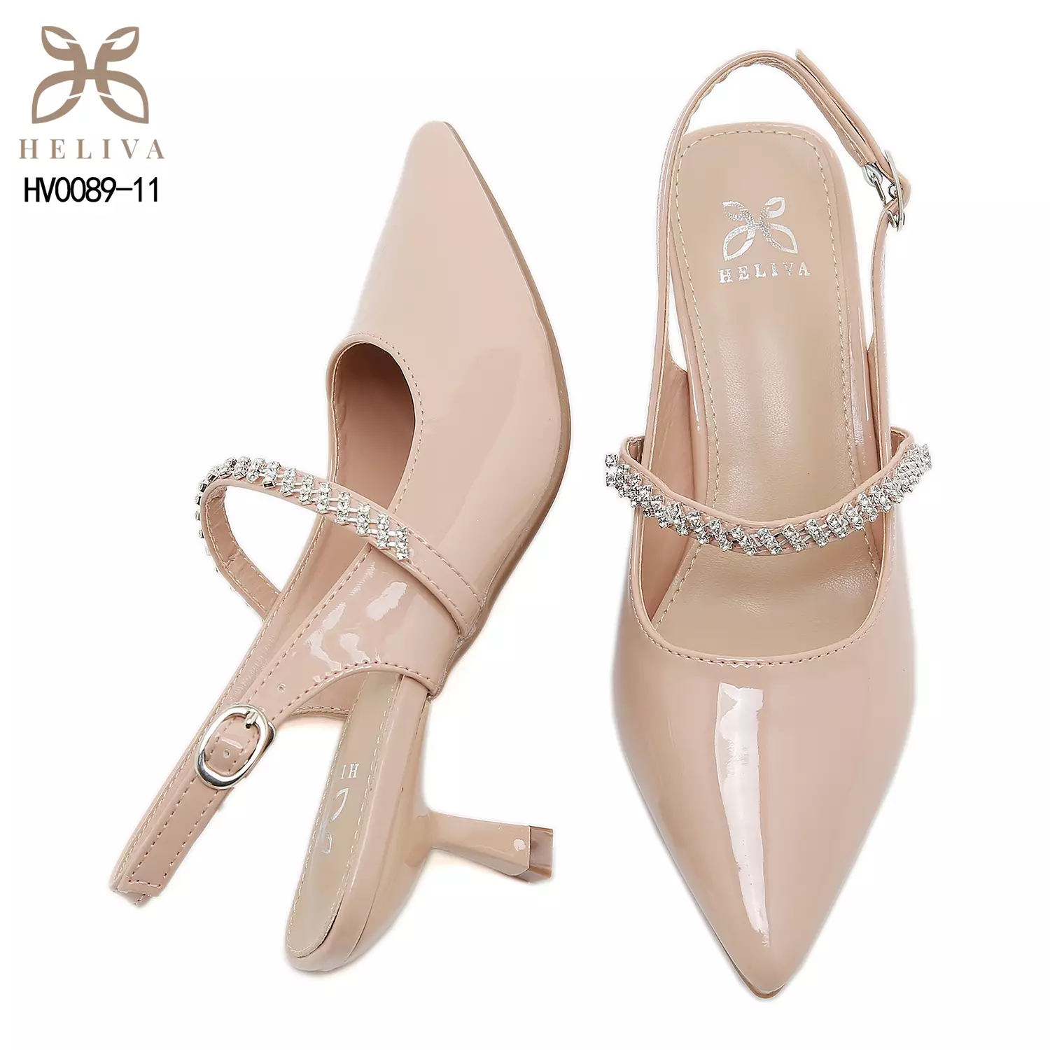 HELIVA AILEEN Glossy Slingback Heels with Crystal Sparkle 5.5cm