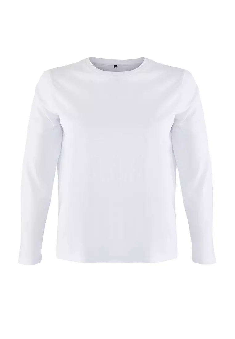 White 100% Cotton Long Sleeve Crew Neck Regular Basic Knitted Plus Size T-Shirt Tbbaw26Bf00000