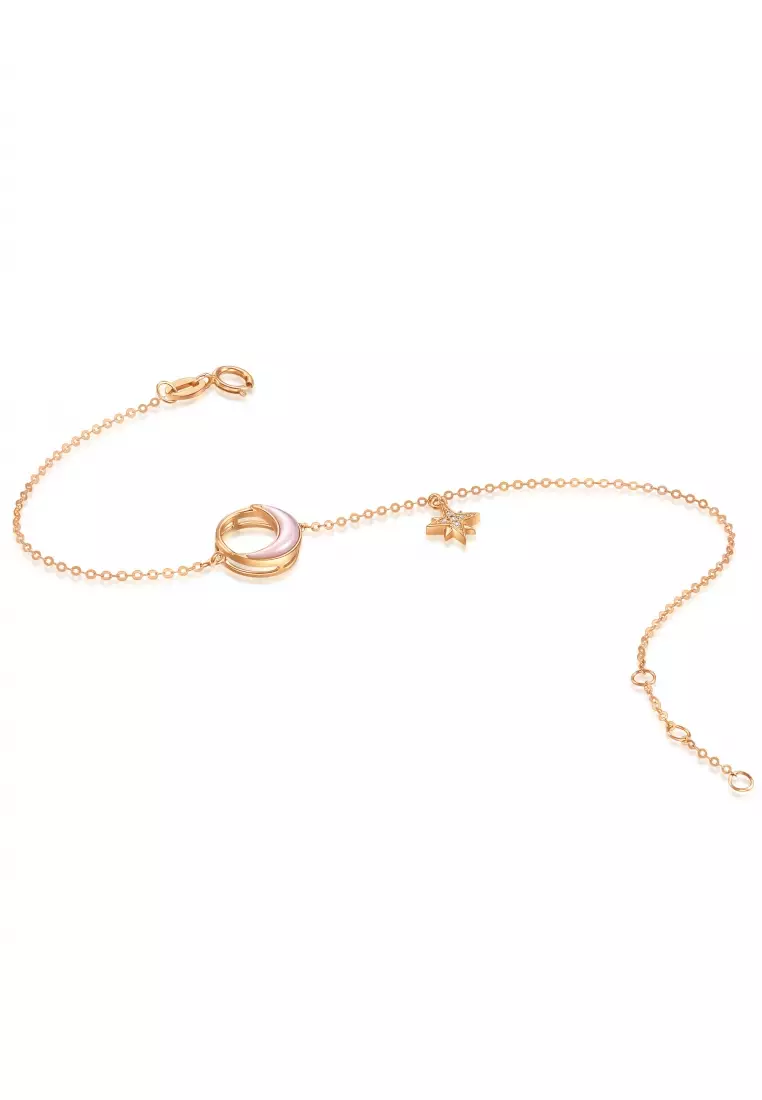 Delicate Gold 18K Rose Solid Gold Crescent Moon, Star, Mother of Pearl Bracelet for Women 93316B