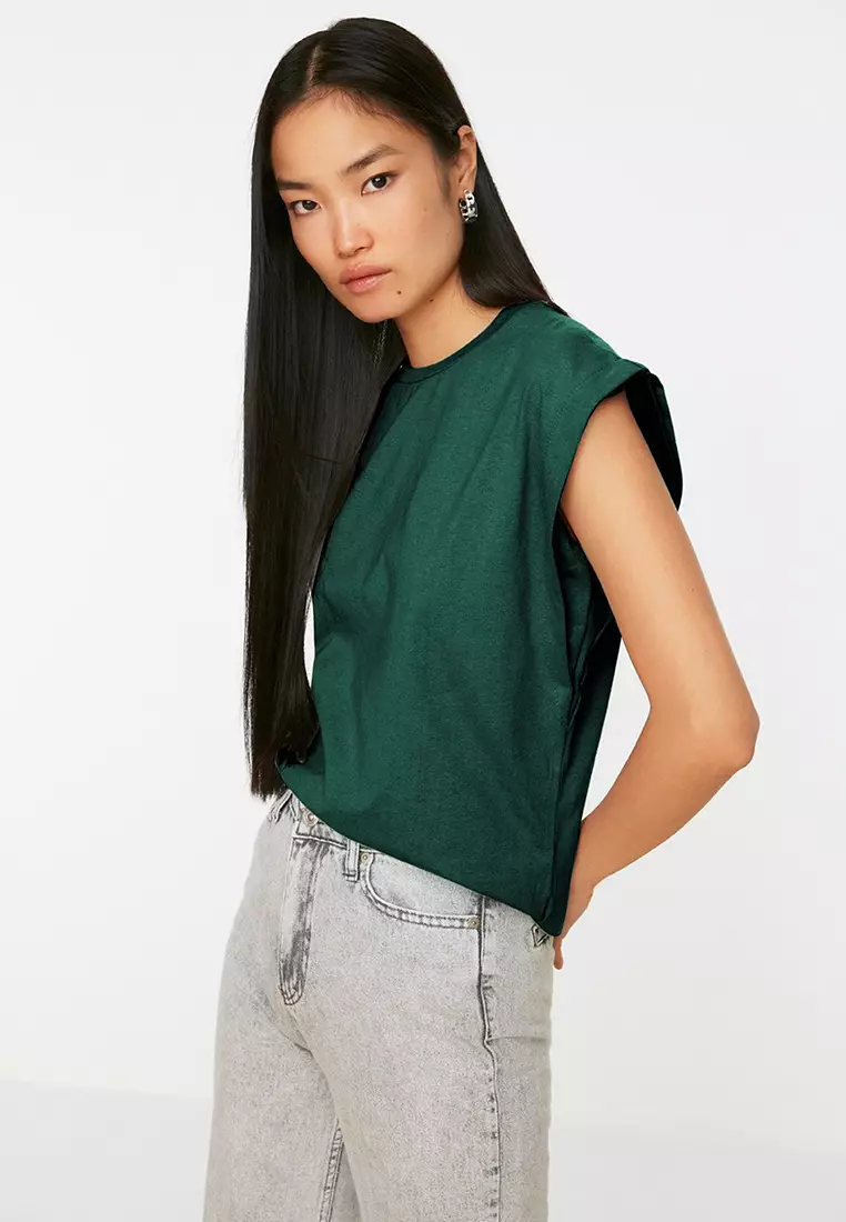 Emerald Green Detail 100% Cotton Padded Look Basic Crew Neck Knitted T-Shirt TWOSS20TS0021