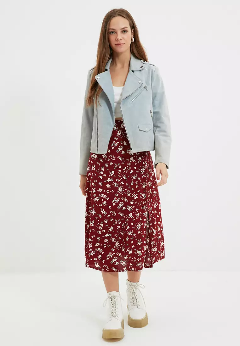Floral Patterned Midi Skirt with Slit Detail