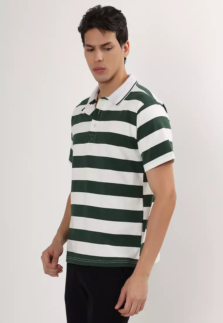 Mens Short Sleeve Green - White Stripe Cotton Rugby Polo Shirt/T-shirt,  Sports-Casual, Activewear