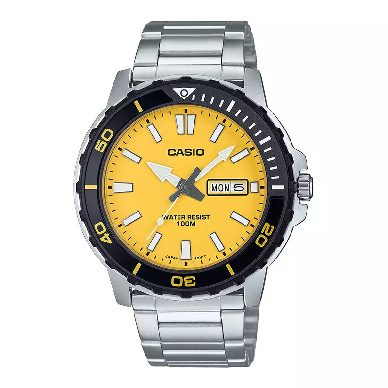 Jam Tangan Pria Casio General MTD-125D-9AVDF Men Analog Yellow Dial Stainless Steel Band