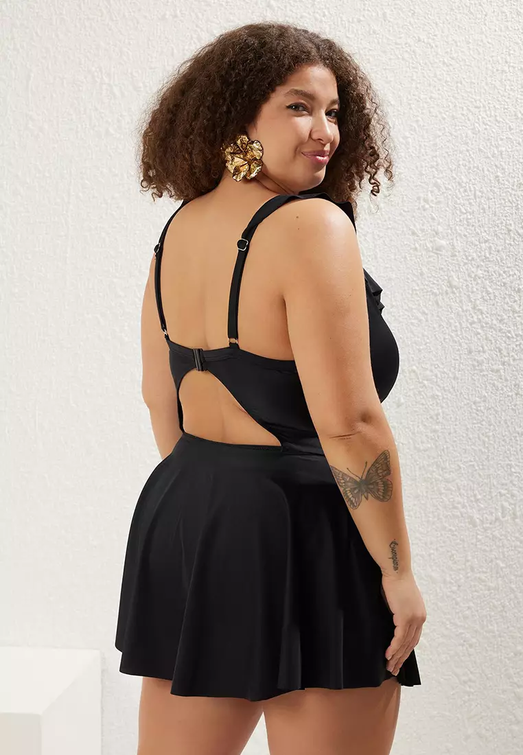 Black Collar with Ruffle Detail Pleated Waist Skirted Plus Size Swimsuit TBBSS25AM00018