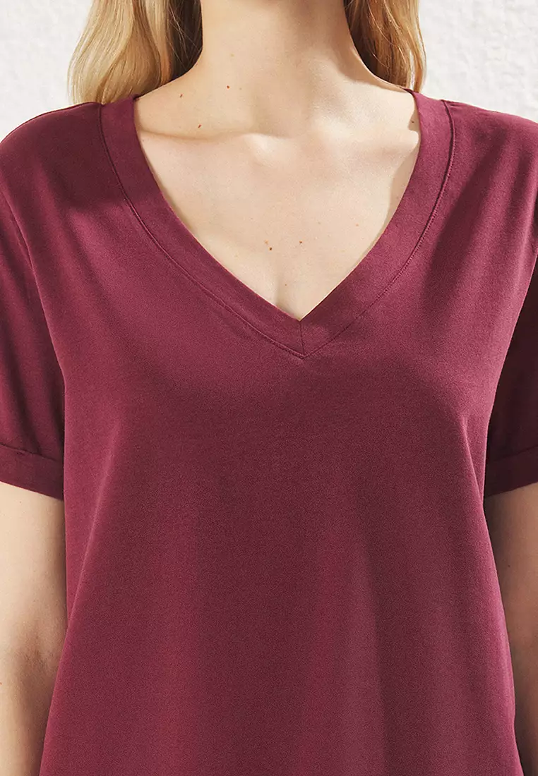 Claret Red V Neck Short Sleeve Regular/Basic Knitted T-Shirt