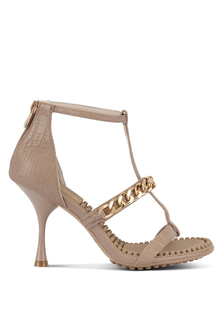 Latte Metal Chain Mid Heel Sandals