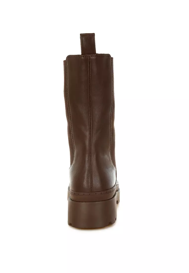 Elasticated Gussets Lug Sole Boots in Brown