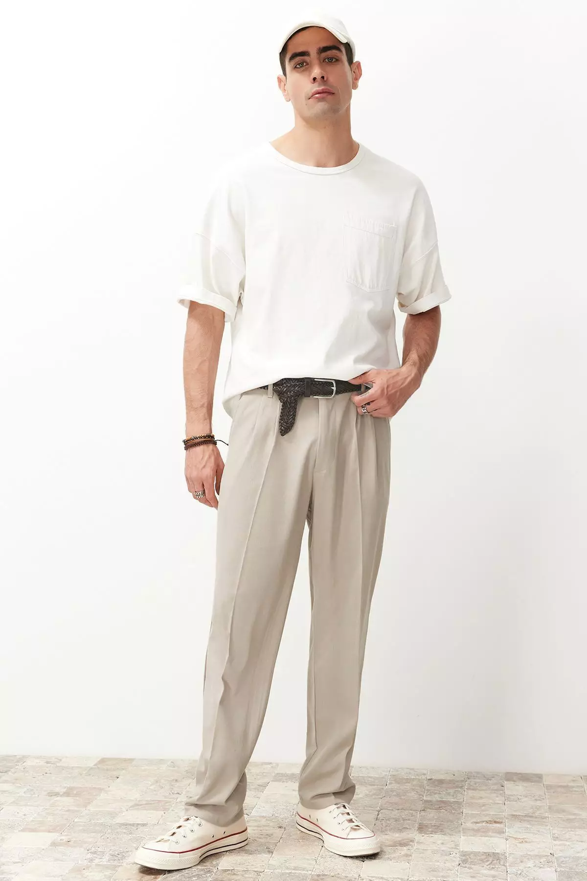 Stone Pleated Classic Baggy Fit Fabric Pants Tmnss24Pl00024
