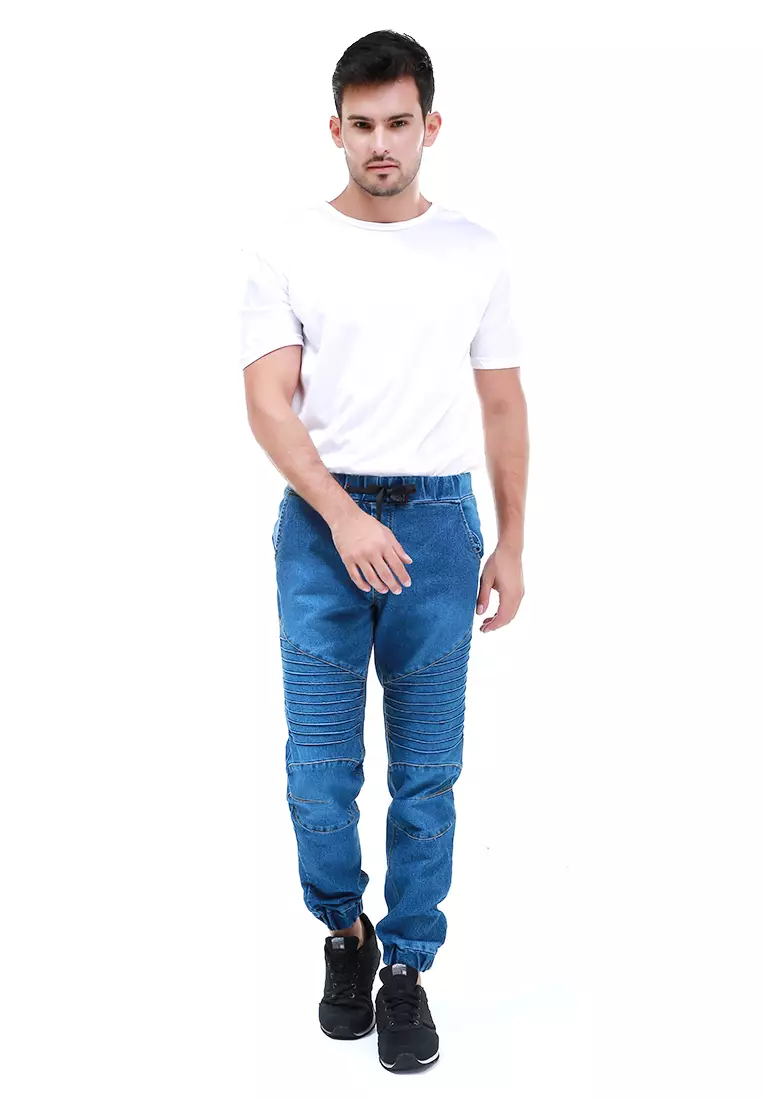 Locko Celana Panjang Pria Elastic Rubber Casual Long Pants Material Jeans ORIGINAL - Blue