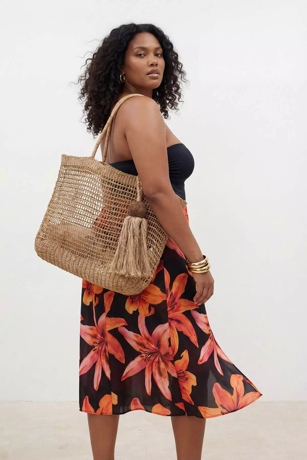 Beach Wear Black Floral Pattern Plus Size Beach Skirt Tbbss26Az00014