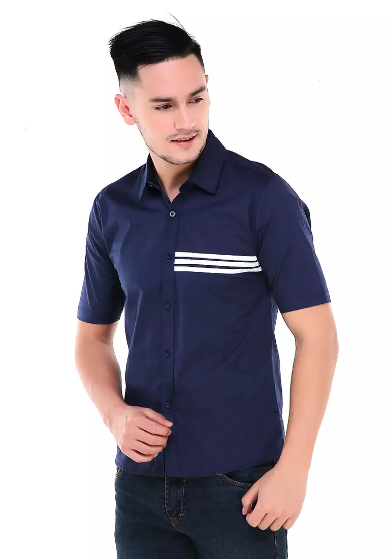Dwan Atasan Kemeja Pria Three Lines Slim Fit Casual Shortsleeve Shirt Material Cotton ORIGINAL - Navy