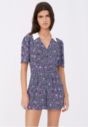 Maje purple and multi and navy Printed Crêpe Playsuit E2AEBAA643D1CBGS_1
