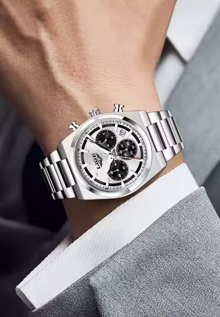 Chronograph Unisex Silver Color Alloy Quartz Watch 41mm, Stainless Steel Bracelet