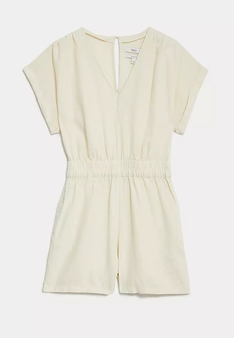 Linen Rich V-Neck Short Sleeve Playsuit