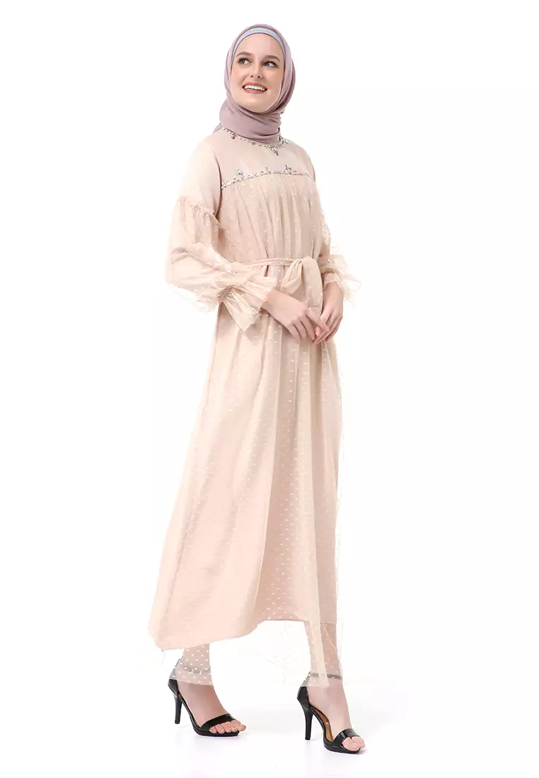 Varsha Dress Wanita Long Sleeve Motif Polos Polkadot High Quality - Almond Mote