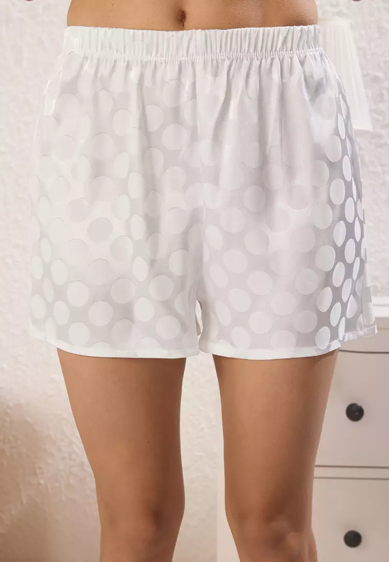White Polka Dot Rope Suspender Satin Shorts Woven Pajama Set Thmss25Pt00423