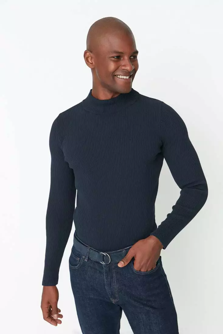 Navy Blue Men's Fitted Tight Fit Half Turtleneck Corduroy Knitwear Sweater.