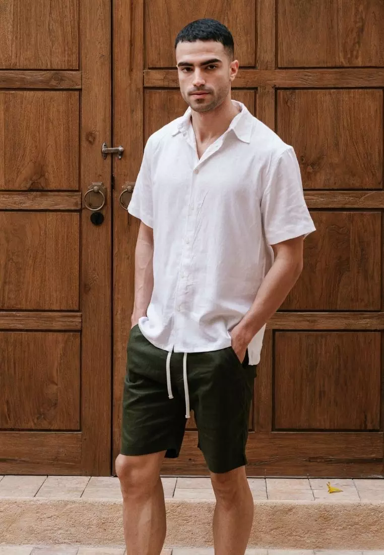 Palm Tree Celana Pendek Linen Pria Army Hijau | Linen Short Pants Men Green Army