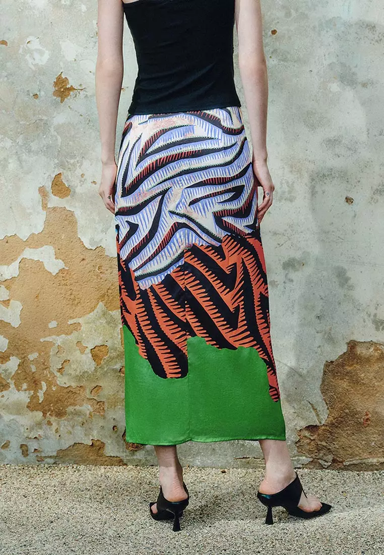 High Waist Tropical Print Wrap Maxi Skirt