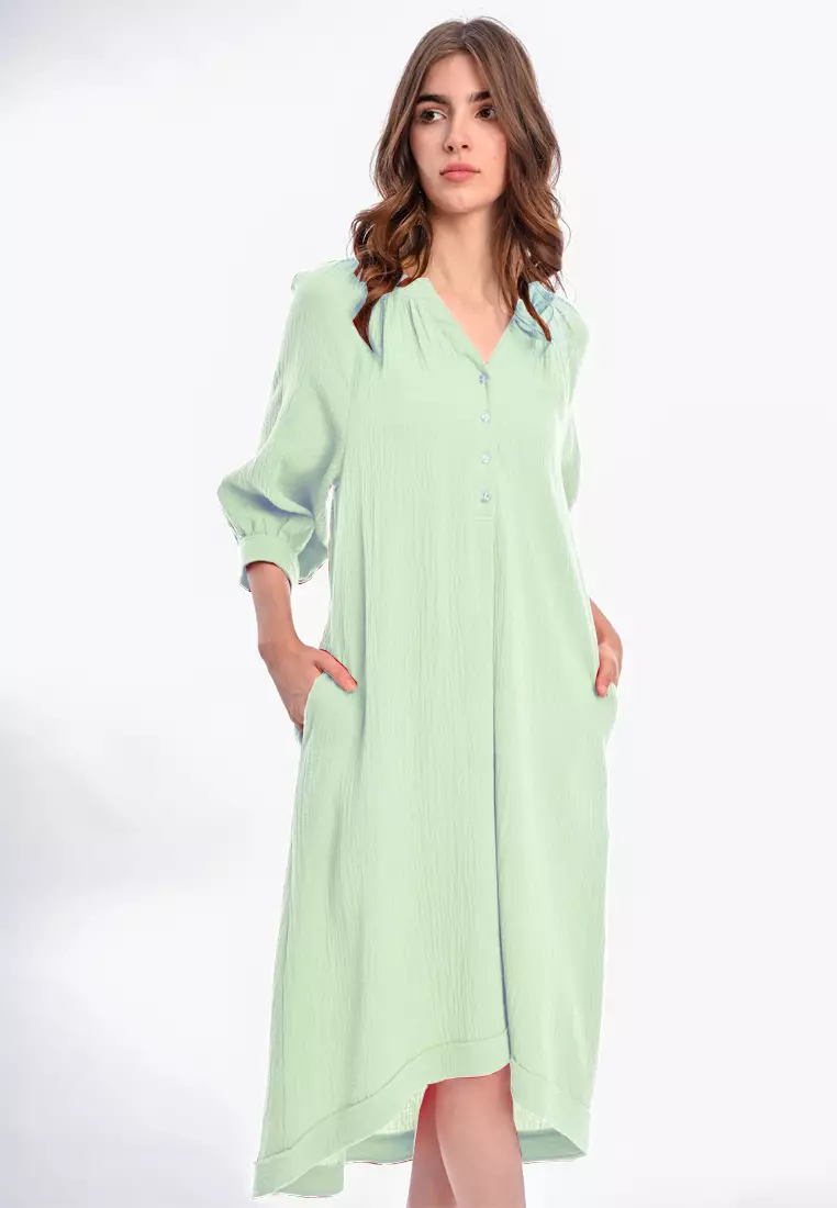 green emerald velvet dress 3/4 Sleeve Fold Neck Midi Dress, Light Green  Jolie Moi Retail