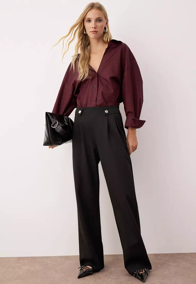 Black Diagonal Pleated Buttoned Wide Leg Knitted Trousers