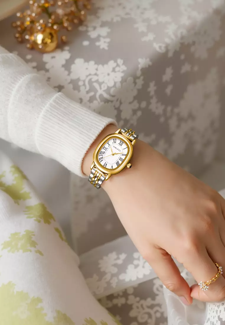 Jam Tangan Wanita Analog Original Korean Tali Rantai Oval Stanless Anti Air Jam Tangan Cewek goldwhite