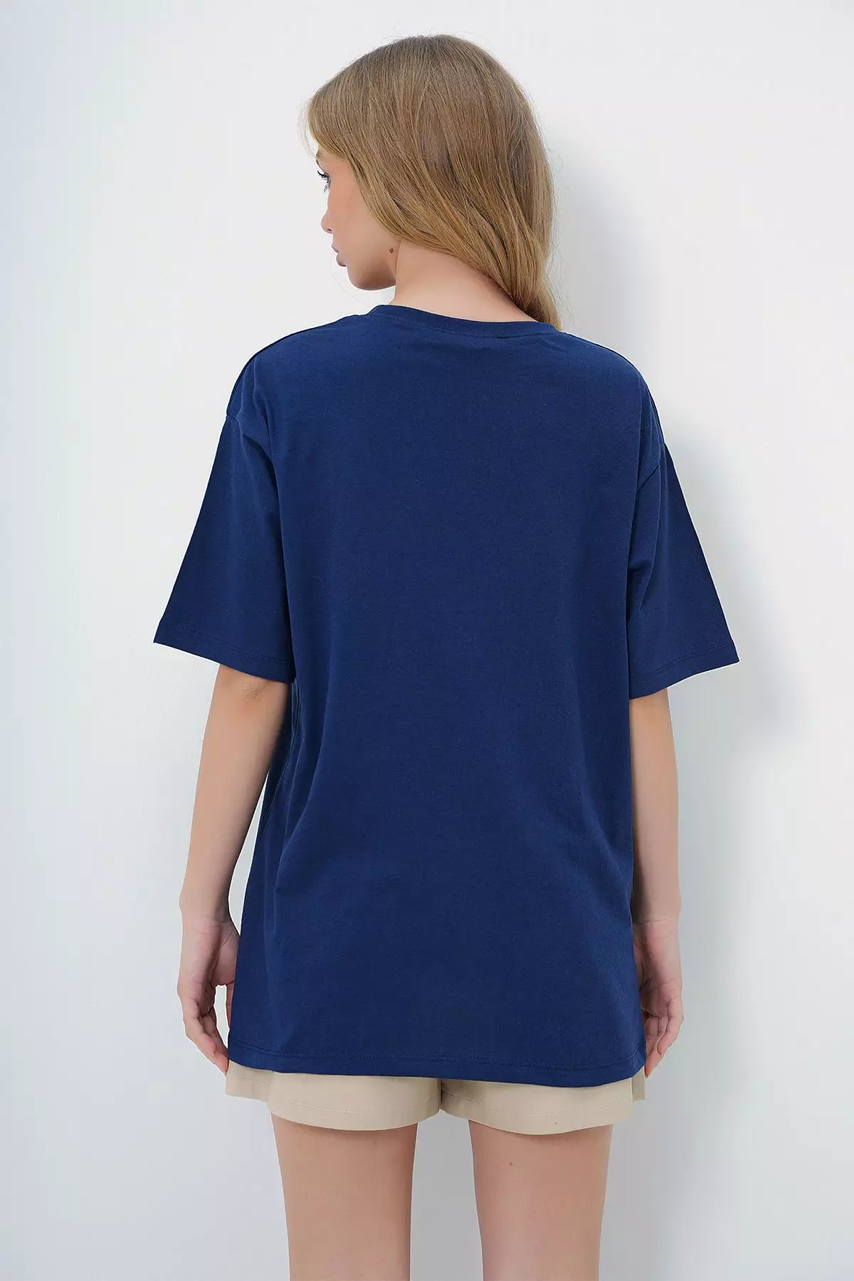 Women's Light Navy Blue Crew Neck Oversize Pearl and Stone Embroidered T-Shirt