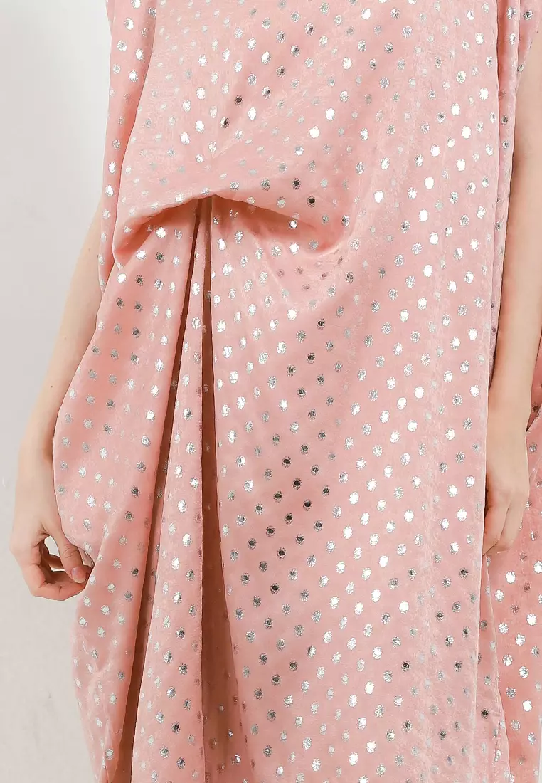 Silver Print Ruched Kaftan W/ Plastic Diamond Around Neckline