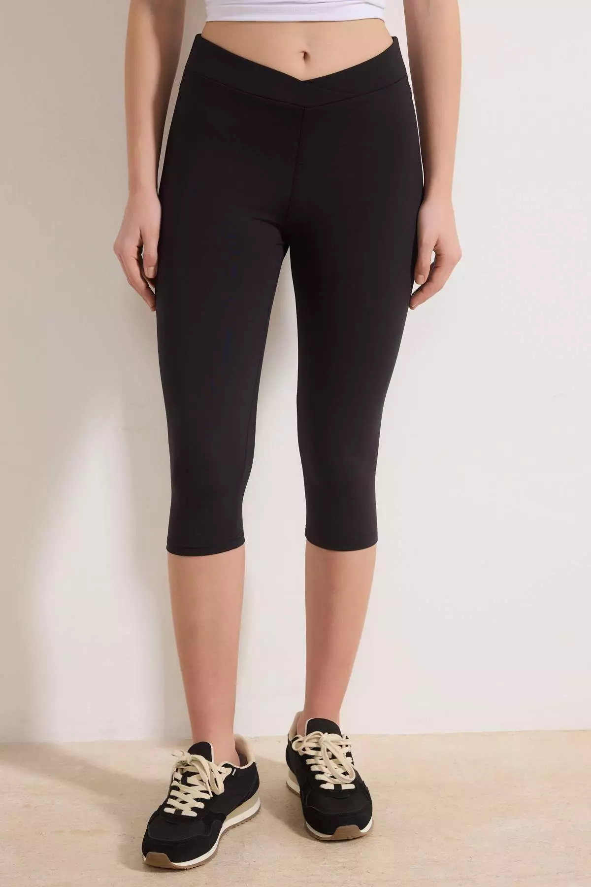 Black Capri Length Brushed Soft Fabric Double Breasted Waist Knitted Sports Leggings Thmss26Ty4