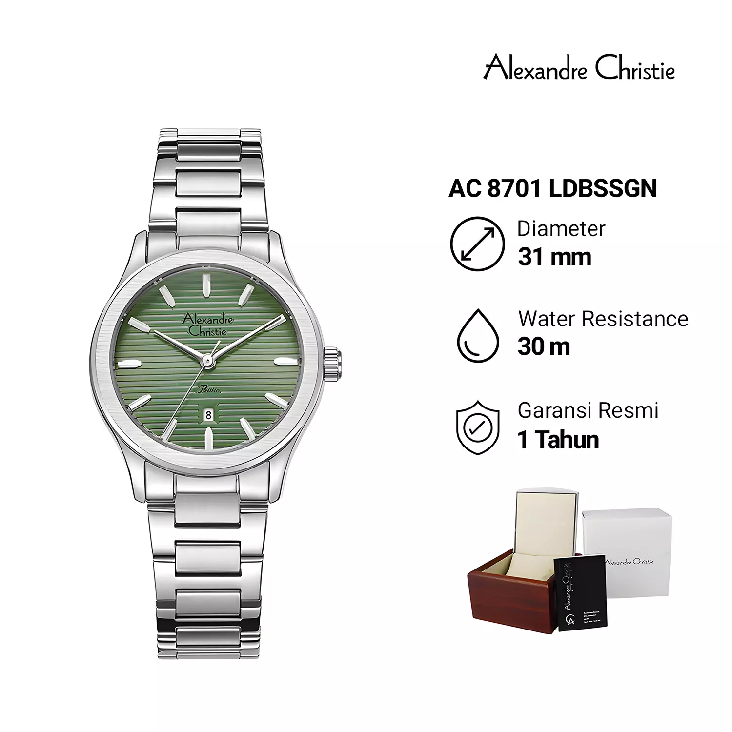 Alexandre Christie Classic Steel Jam Tangan Analog Wanita - Green Dial - All Stainless Steel - 8701 LDBSSGN
