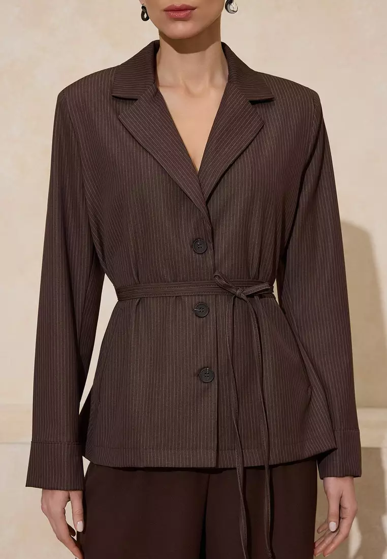 Dark Brown Striped Woven Slim D Drapey Blazer Shirt Jacket Twoss26Bc5