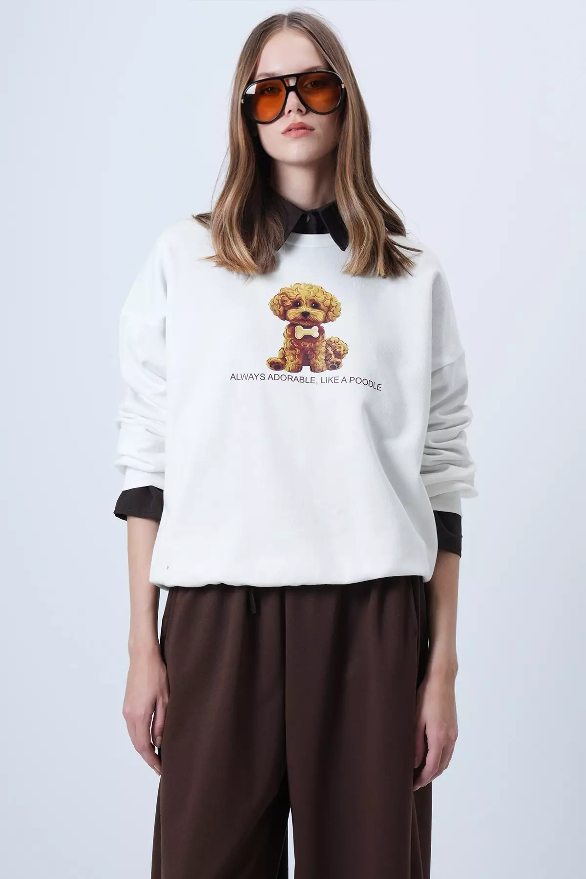 Women'S Ecru Front Printed Oversize Cotton Sweatshirt Alc-X14651