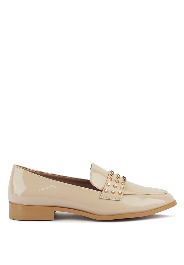 Beige Stud Detail Patent Loafers