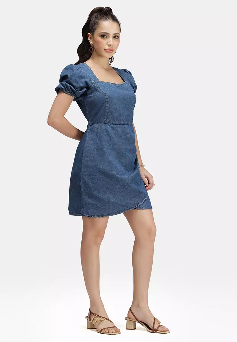VIRGIO 100% Cotton Denim Pleated Mini Dress