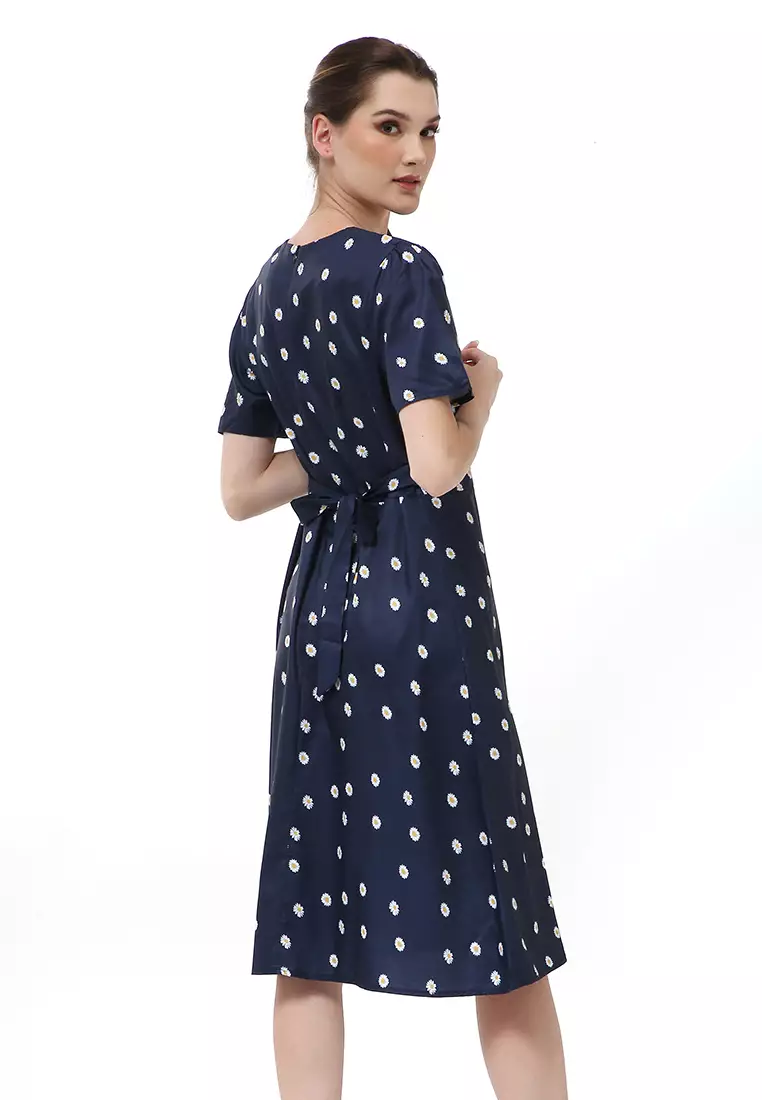 Rachel Dress Wanita Lengan Pendek Motif Polka Material Chiffon ORIGINAL - Dark Blue