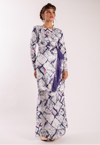 Diane Modern Kurung from LIDYA KUALA LUMPUR in White and Purple and Multi