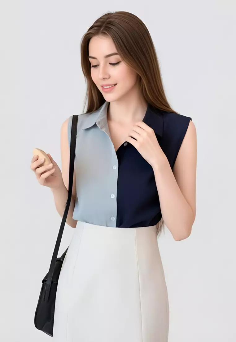 撞色背心無袖襯衫