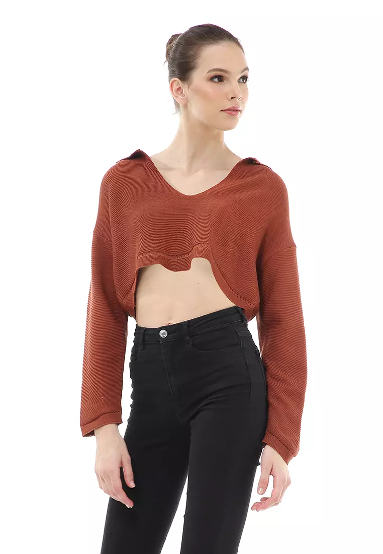 Albertine Atasan Crop Wanita Lengan Panjang Blouse Vneck Motif Polos Material Rajut ORIGINAL - Brown