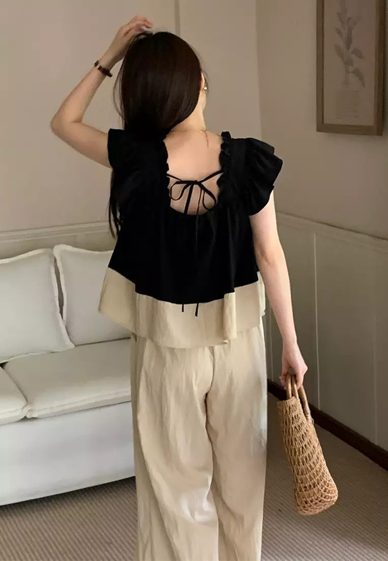 Korean style square neck contrasting shirt casual pants set CA25042255BE