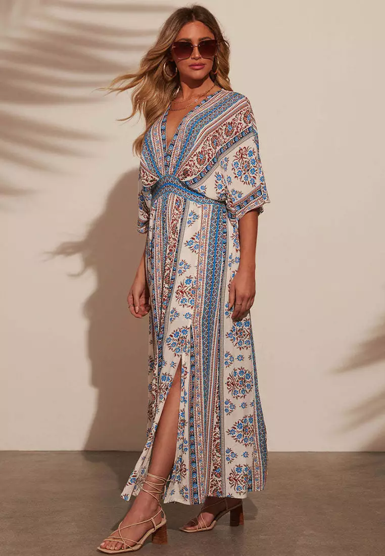 Summer printed short sleeved printed V-neck dress CA25042274BL