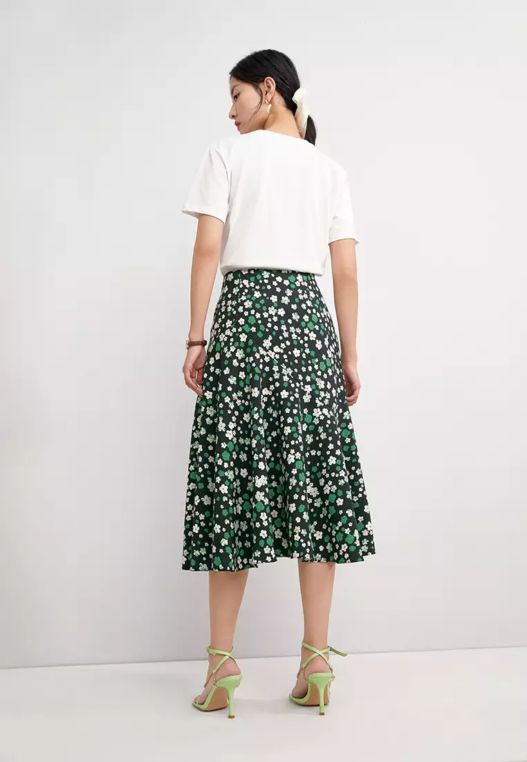 Slim Waist Flare Floral Long Skirt