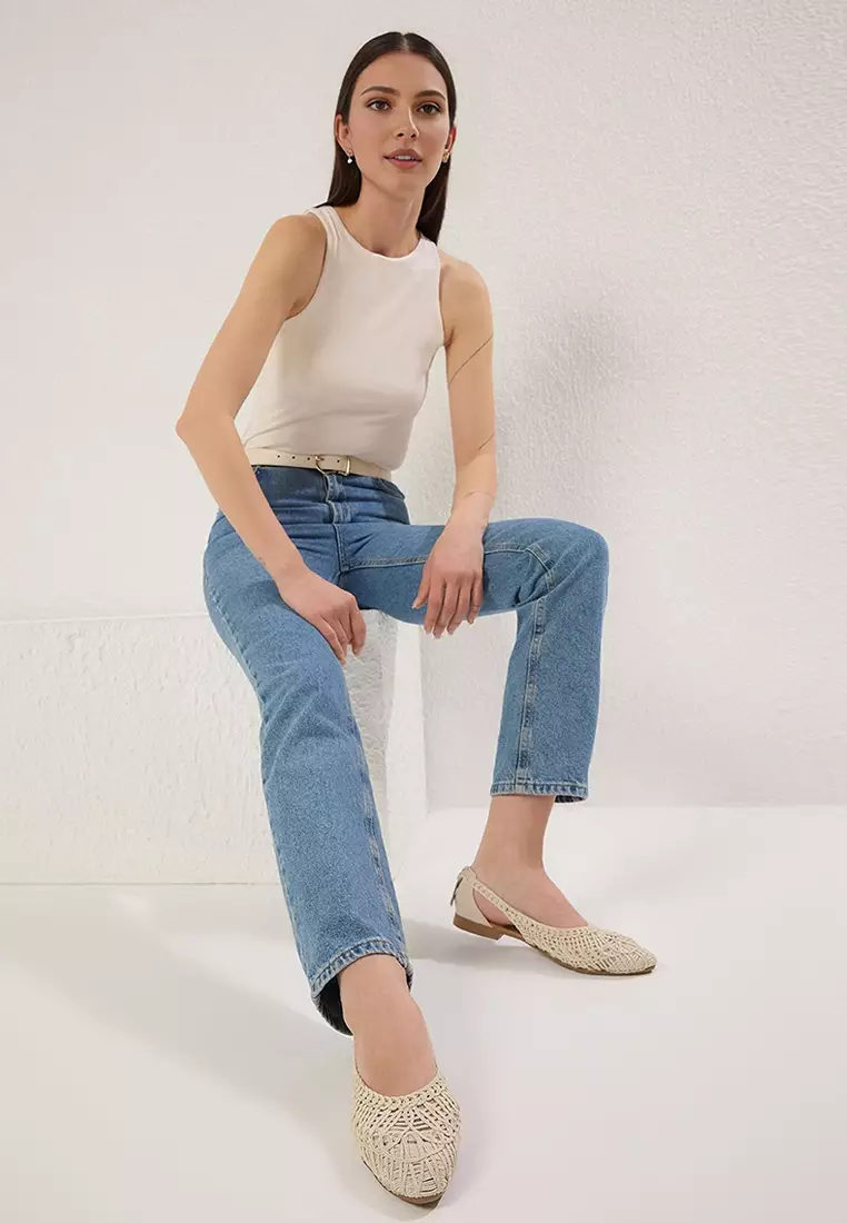 Beige Knitted Patterned Almond Toe Women's Ballerina Ballerina Takss25Be00027