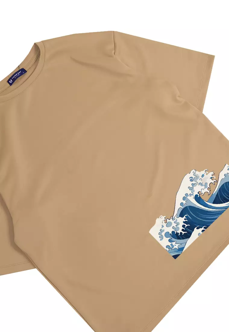 MTP43 kaos oversize gambar jepang japanese wave katakana bahan scuba tebal pria khaki