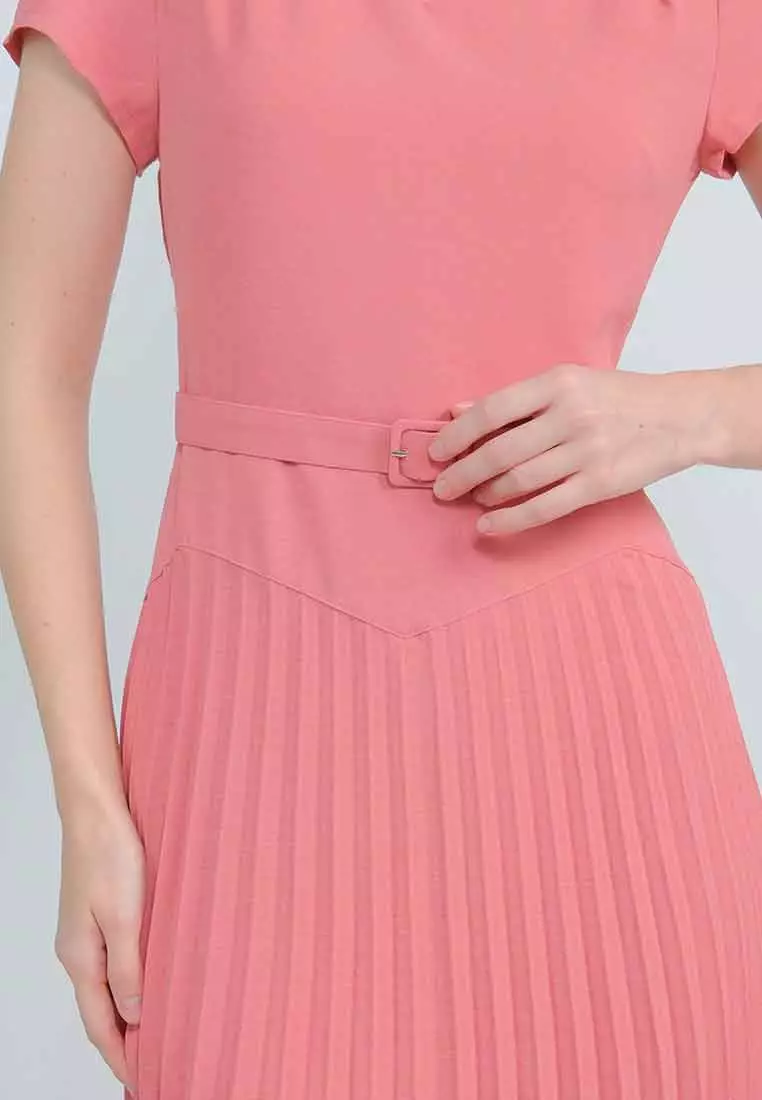 Amethyst V-neck Dress with Pleated Skirt and Adjustable Belt