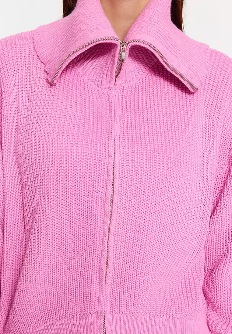 Pink Wide Pattern Turn-down Collar Zippered Knitwear Cardigan TWOAW24HI00072