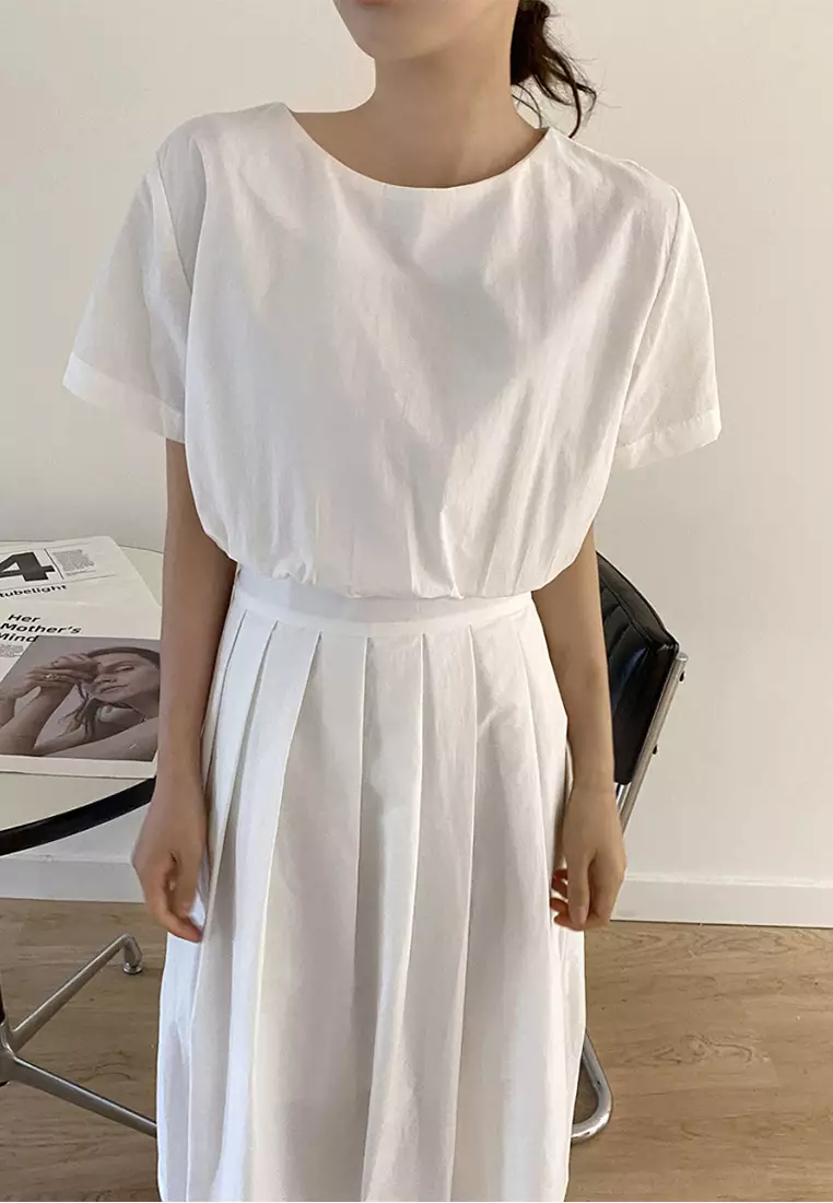 Round neck waist cinching slimming short sleeved dress CA225042249W