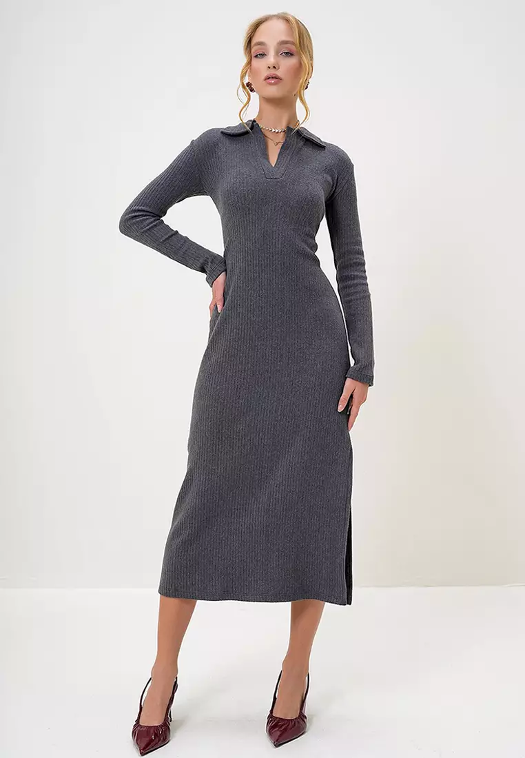 Women's Anthracite Polo Collar Half Placket Side Slit Interlock Fabric Dress