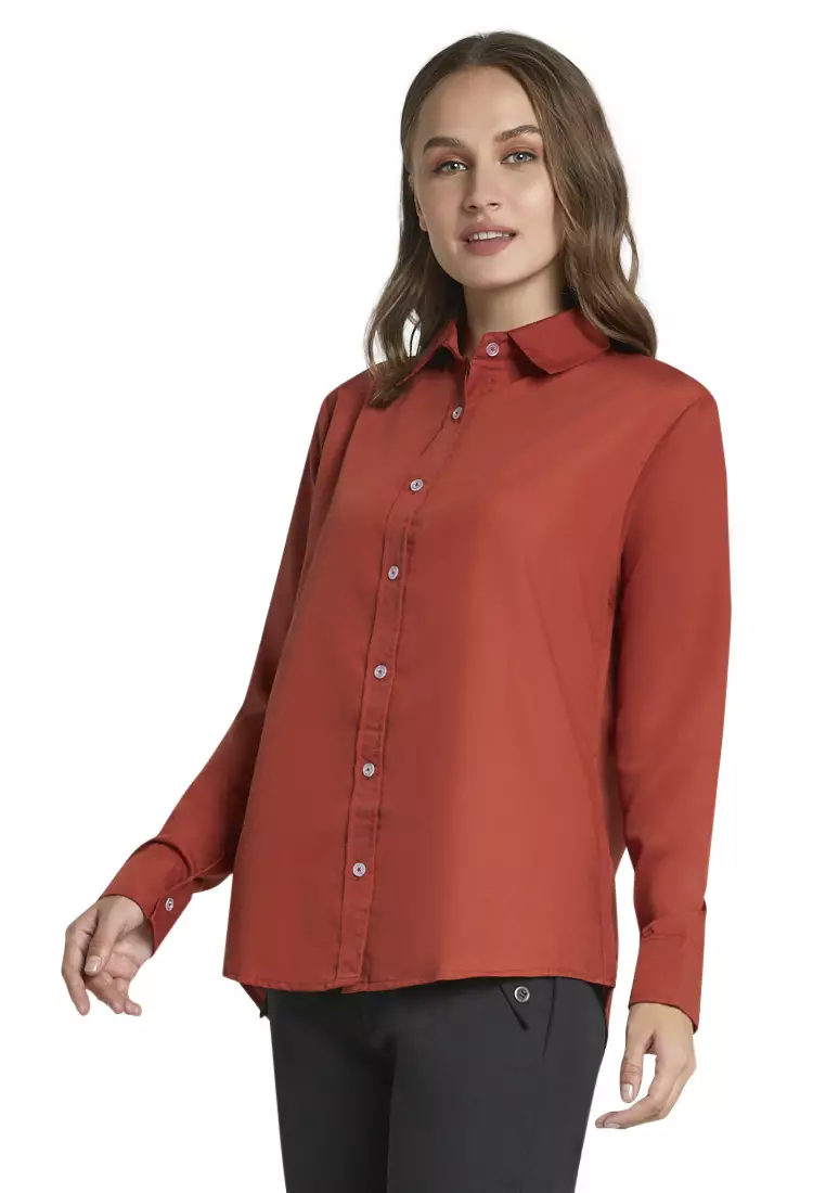 Zwetta Kemeja Lengan Panjang Plain Shirt Basic Atasan Wanita Regular Fit - Teracotta