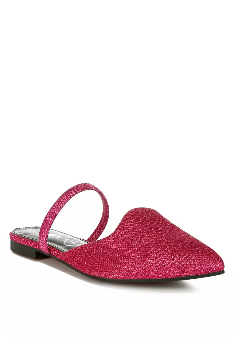 Glitter Faux Leather Flat Mules in Fuchsia